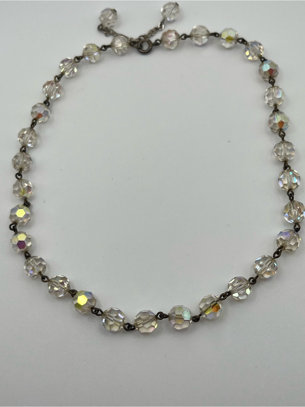 Vintage 1950s Sterling Silver & Aurora Borealis Crystal Choker Necklace - 15"